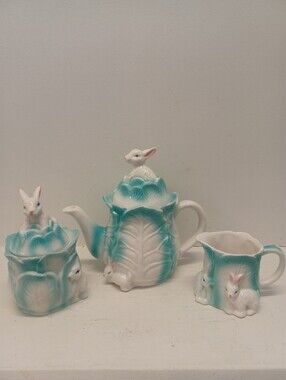 Vintage Ceramic Bunny Cabbage Leaf Teapot Sugar Creamer Set Country Cottagecore